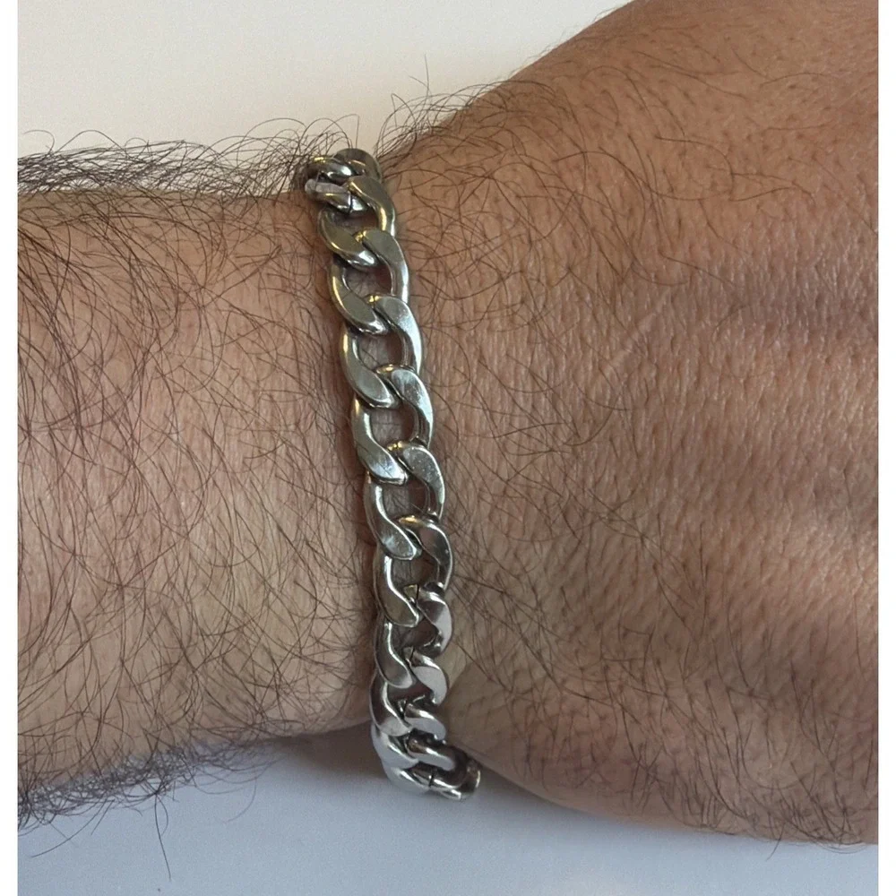 Mens Steeltime Stainless Silver Chunky Cuban Chain Link Bracelet 8.25
